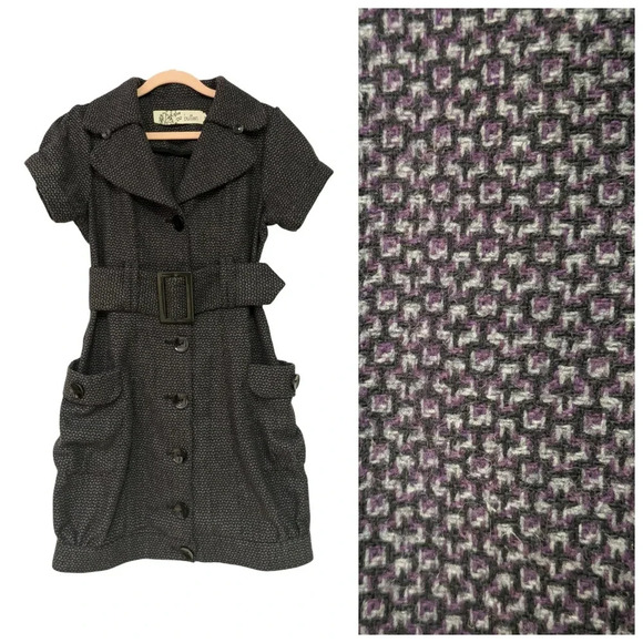 CLEARANCE//Button Wool  Blend Puff Sleeve Belted Y2K Dress - Picture 1 of 11